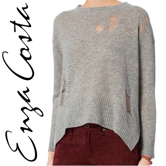 ENZA COSTA Loose Drop Stitch Sweater Gray Wool Cashmere Deconstructed Distressed - Picture 1 of 11